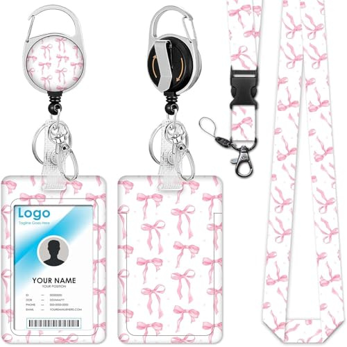 BSITSSS ID-kortfodral med band fluga mönster, utdragbar nyckelring märke hållare, söt nyckelband med karbinhake, korthållare med band för lärare, sjuksköterska, läkare, student (rosa)