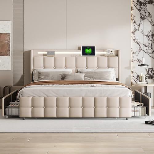 DULRLLY Bett 180x200 mit Stauraum Polsterbett Doppelbett mit USB Ladefunktion und LED-Kopfteil und 4 Schubladen Stauraumbetten Jugendbett Bettgestell mit Lattenrost, Ohne Matratz,Linnen (Beige)