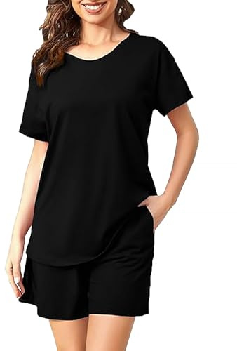 ENJOYNIGHT Women's Pyjama Sets Cotton Printed Nightwear Summer Pjs Set Short Sleeve Top and Shorts with Pockets Drawstring (Medium,Solid Black)