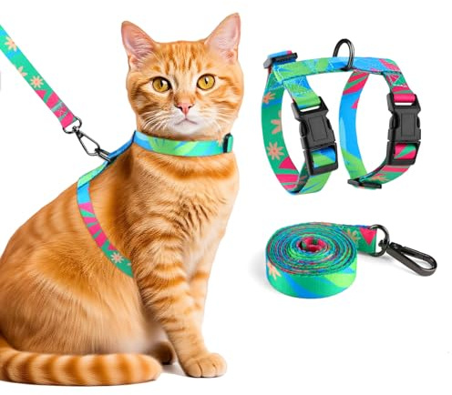 UIHRLM Cat Harness and Lead Set, Adjustable Soft Nylon Escape Proof Cat Harness, Lightweight & Comfortable Easy to Wear Pet Safe Travel Walking Kitten Leash for Small Medium Large Cats (Hawaii Green)