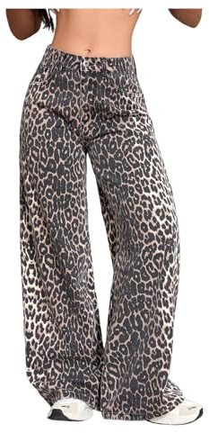 GORGLITTER Leopard Print Jeans for Women UK High Elastic Waist Baggy Loose Streetwear Denim Trousers Brown Medium