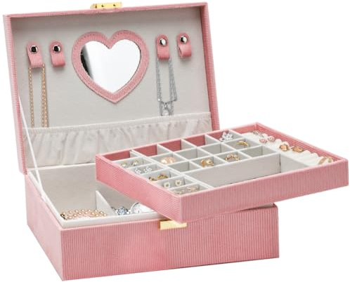 Joyero para niña de 2 niveles, caja de joyas para mujer, caja de joyas para anillos, pendientes, pulseras, collares, almacenamiento de joyas, caja de regalo para Navidad, cumpleaños, Año Nuevo, rosa