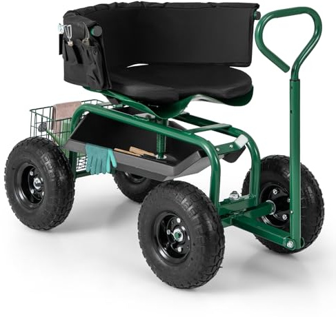 RELAX4LIFE Chariot de Jardin avec 4 roulettes Siège Pivotant 360° Hauteur Réglable Poignée Extensible Panier de Rangement, Chariot de Outil pour Garage Pelouse Cour Charge 135 kg Vert
