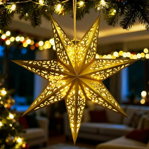 Kssvzz 45cm Weihnachtsstern Beleuchtet Golden, 3D Papierstern zum Aufhängen mit Beleuchtung, Weihnachtsdeko Fenster Innen