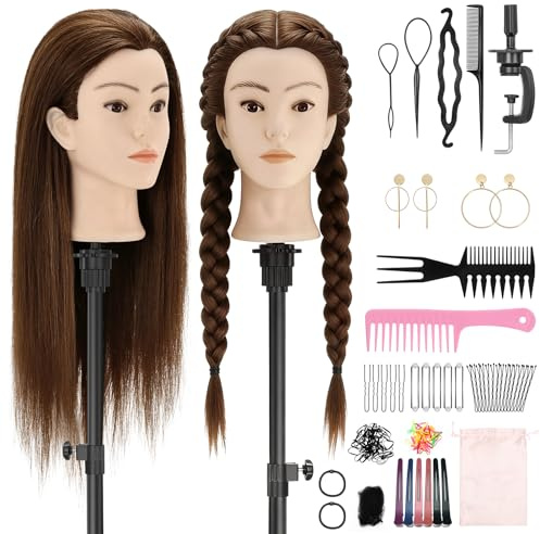 TwoWin 24 pouces (60cm) Tête à Coiffer Professionnelle, Tête a Coiffer 80% Vrai Cheveux Humains, Têtes d'exercice Coiffure avec Oreilles Percées, Support de pince + Ensemble de Tresse (Brun Foncé)