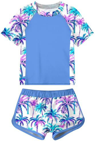 Fanient Kids Girls Rash Guards Swimwear Crew Neck Swimming Set Teens Short Sleeves 2-Piece Bathing Suit Blue 10-11 Years,11T