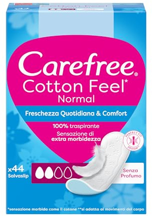 Carefree Salvaslip Cotton Feel Normal Senza Profumo 44 Pezzi, Salva slip donna traspiranti, Proteggi slip che si adattano ai movimenti del corpo, Extra morbidezza, Delicati sulla pelle