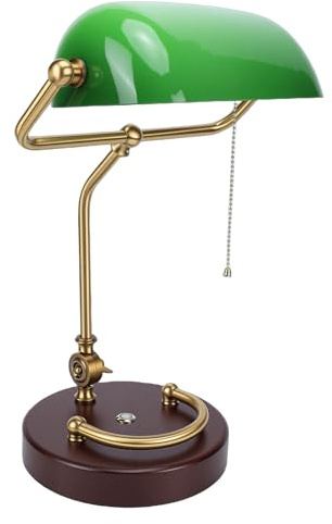 FTVOGUE Lampada da Scrivania Vintage, Lampada da Banchiere in Vetro Verde Smeraldo con Base in Rovere, Paralume Ruotabile a 350°, Attenuazione Tattile, Interruttore a Tirante, per Studio Camera da
