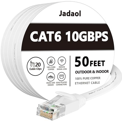 Jadaol Cat 6 Ethernet Cable 50 ft, 10Gbps Support Cat8 Cat7 Network, Flat RJ45 LAN Patch Cable, High-Speed Wired Internet Cable for Router, Modem, Switch, Gaming Consoles, PC, Streaming Devices, White