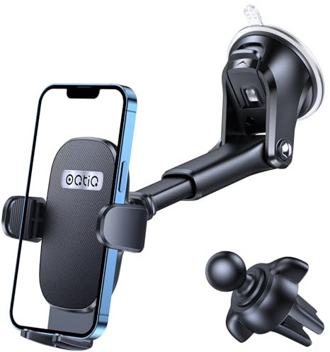 OQTIQ Car Phone Holder Windscreen Mount, Dashboard Phone Holder, Strong Suction Cup Phone Mount with Air Vent Clip, 360° for Car Window Windshield Compatible for iPhone Samsung