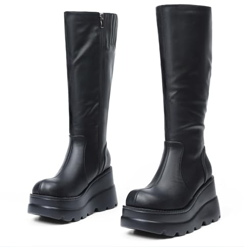 Womens High Platform Mid Calf Wedges Chunky High Heel Round-Toe Side Zip Fanshion Combat Boots For Women