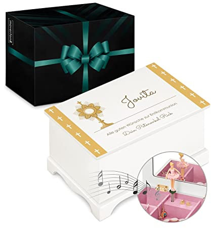 Maverton Jewelkeeper mit Aufdruck - Schmuckschatulle mit Spieluhr Ballerina - Musikschmuckdose für Mädchen - Schmuckkästchen zur Taufe - zur Erstkommunion - zum Geburtstag - ohne Schublade - Monstranz