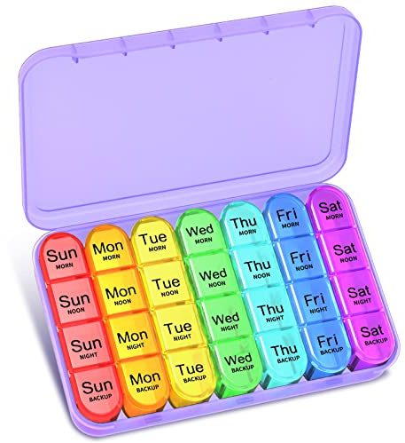 Betife Portapillole 4 volte al giorno, organizer settimanali per pillole, organizer per pillole, 7 giorni 4 volte, dispenser per pillole 7 giorni 4 scomparti (Viola）
