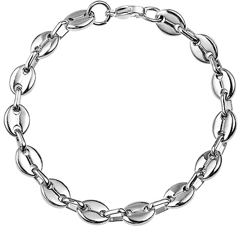OAKKY Stainless Steel 11mm Classic Coffee Beans Link Chain Bracelet for Men Women Chunky Simple Hip Hop Twisted Rope Lobster Clasp Bangle Silver 8.46”