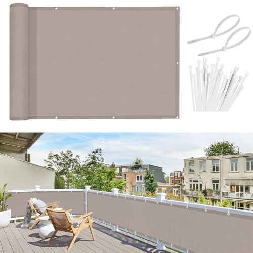 Sunnylaxx Balkonginsynsskydd, 90 x 700 cm, PES staketskärm för balkong och uteplats,Insynsskydd för balkong, med rep och aluminiumöljetter Toupe
