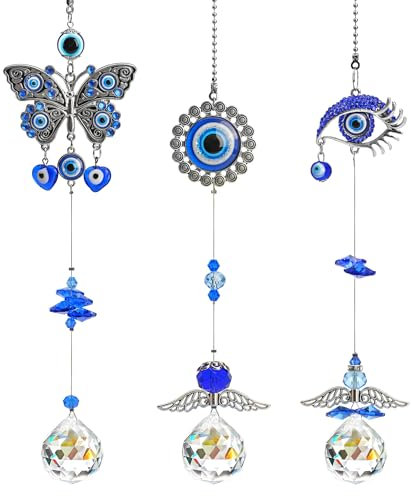 HDCRYSTALGIFTS 3 regali per nonna, acchiappasole blu malocchio con prisma di cristallo palline da appendere alla finestra decorazione arcobaleno creatore Sun Catchers ciondolo per casa giardino