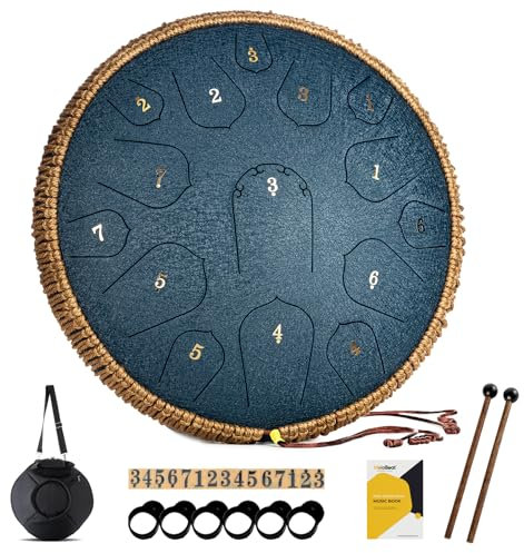 MeloBeat Zungentrommel 14 Zoll 15 Töne - Professionelles Steel Tongue Drum Handpan Set in D Dur inkl. Zungentrommel Liederbuch, Schlagzeug Sticks und Trommel Tragetasche (Dunkelblau)