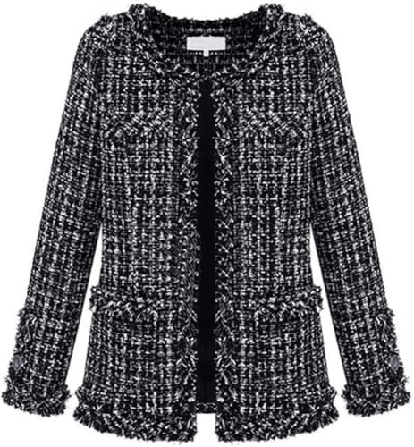 Veste en Tweed décontractée pour Femmes Automne élégant vêtements de Travail boutonnés à Carreaux Noir et Blanc Veste de Bureau Revers sans col Veste en Tweed Formelle