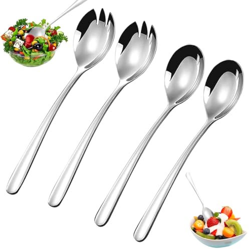 YOYEAH Salatbesteck Edelstahl Set - 4 Stück Salat Besteck, Vorlegebesteck, Servierlöffel Edelstahl Salatgabel, Salatlöffel für Dessert und Nudelgeschirr, für Camping und Picknick（20cm）