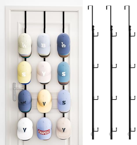 SWTYMIKI Over Door Hat Rack - 3 Packs Metal Hanging Hat Organizer with 12 Hooks Design, Baseball Cap Hanger Organizer Storage Holds up to 60 Caps for Door, Bedroom, Closet（Black）