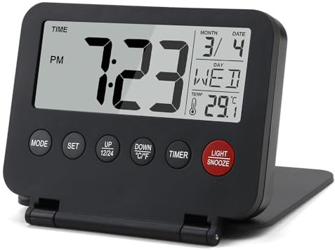 MSMXCS Digital Travel Alarm Clock Mini Portable LCD Display Clock with Backlight,Calendar,Temperature,12/24H,Snooze,Small Digital for Travel,Bedroom and Office Black(Batteries Not Included)
