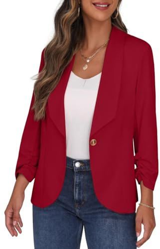 PrinStory Blazer pour femme, col à revers, manches 3/4, froncées, veste de costume, cardigan à un bouton, blazer court, tenue décontractée pour le bureau