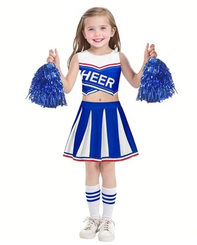 JiAmy Costume da cheerleader per bambini con pompon e copricapo, gioco scolastico cheerleading uniforme, Halloween, Fancy Dress Up Outfit per 5-6 anni