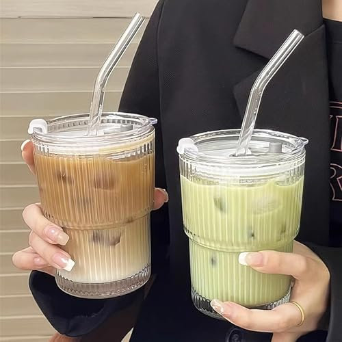 DARENYI 2 piezas 400 ml de tazas de vidrio con tapa y paja,taza de batido de vidrio con paja, copas de café de hielo, juego de vaso de vidrio de diseño a prueba de agua, para jugo, café