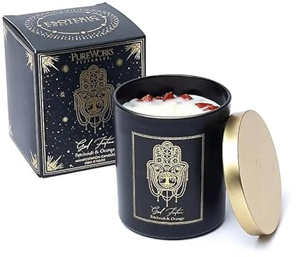 LivuX Manifestationsljus Good Fortune 50 timmar – Glas med lock och ädelstenar, 9 x 7 cm, handgjutet av soja- och palmvax, patchouli och apelsindoft, lyckoljus och andligt dekorativt ljus 200 g 1264