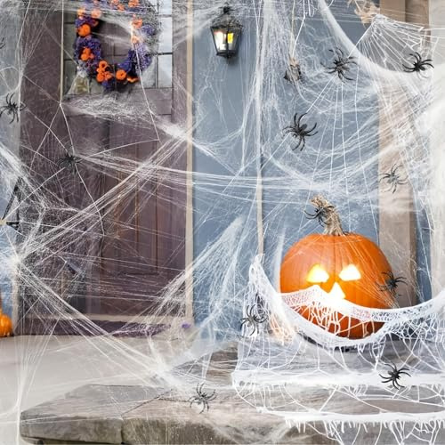 Toile d'araignée Halloween, 200g Blanc Extensibles Toile d'araignée avec 30 Fausses Araignées pour Decoration Halloween Intérieur et Extérieur fête Effrayantes (Blanc)