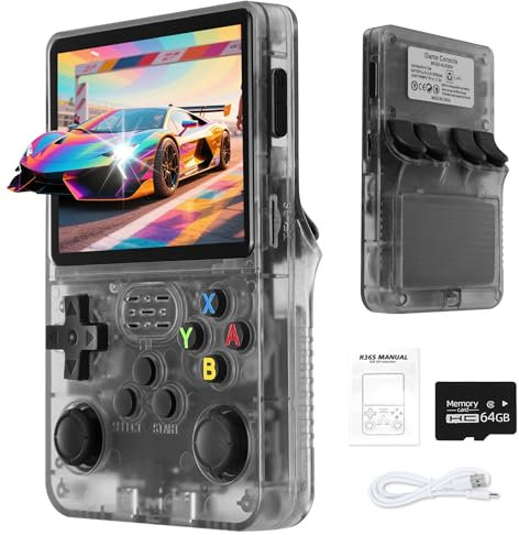 Unokit R36S Handheld Retro Game Console, 3.5 Inch IPS Screen with Open Source Linux System, 64G TF Card 10,000+ Retro Classic Games, 3200mAh Battery, handheld games consoles, Black
