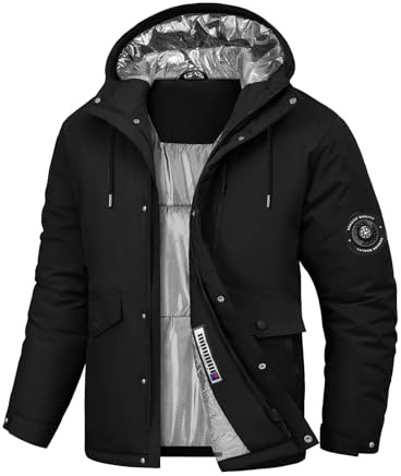 Voqeen Vattentäta jackor för män, vinter, vadderad kappa, varm skidjacka för utomhusbruk, med huva, vindtät softshell med flera fickor, bergsklättringsvandring, Svart, XXL