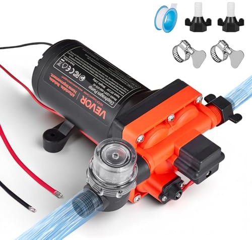 VEVOR Bomba de Diafragma, 12 V DC, 22,7 L/min, Autocebante, de 4 Cámaras con Presostato Automático y Presión de 4,8 bar, para Autocaravanas, Caravanas, Barcos, Yates y Lavaderos de Coches, 204 W
