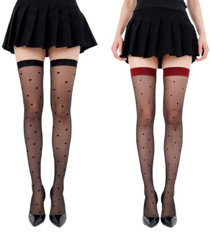 DOKRIN Bas autofixants femme,2 paires de bas noirs à pois montants jusqu'au-dessus du genou, des bas rouges ultra-fins, des chaussettes hautes.