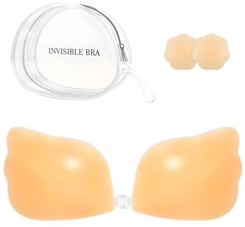 Adhesive Bra Strapless Ultra Sticky Invisible Push up Silicone Bra Reusable for Backless Dress (UK, Cup & Band, D, Creme)