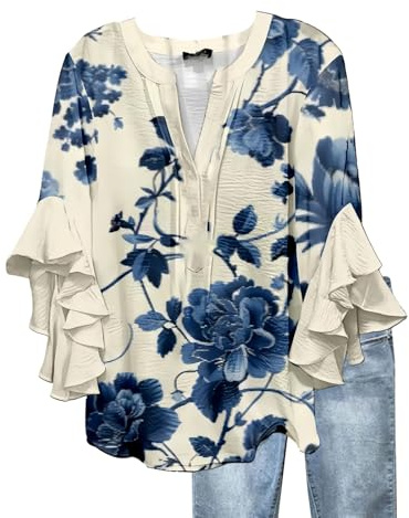 Bluse Donna Eleganti Estiva Magliette Manica Tre Quarti con Volant Taglie Forti Fantasia Camicette Curvy Scollo a V Camice Particolari Basic Maglia Manica Lunga Firmate Vintage Camicia Tshirt