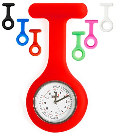 PULOX Schwesternuhr mit Pulsskala & Sekundenzeiger, Set mit 1x Quarzuhr und 6 Silikonhüllen mit Anstecknadel