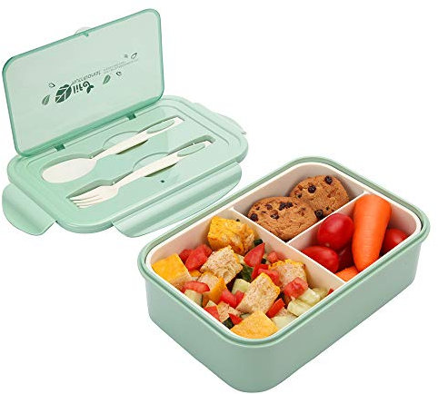 Merysen 1400 ml Brotdose aus Kunststoff für Kinder Und Erwachsene, Bento Box Lunchbox mit 3 Fächern und Besteck, Vesperdose Mikrowelle Heizung (Grün)