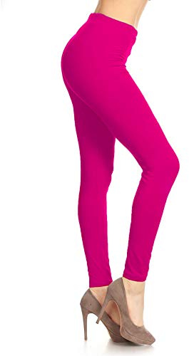 Leggings Depot Womens 1 Waistband High Waisted Solid Leggings Pants (Full Length, Neon Fuchsia, One Size)