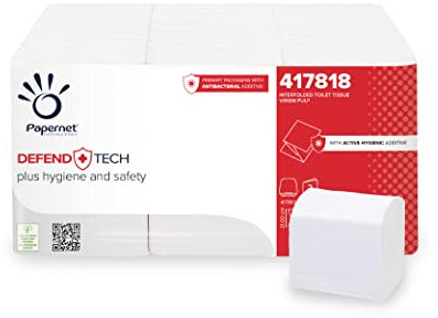 Papernet Defend Tech 417818 Toilettenpapier, 200 Services für reine Zellulose, mit antibakterieller Verpackung, 2 Schleier, gefaltete Größe 11 x 10,5 cm, offene Größe 21 x 11 cm