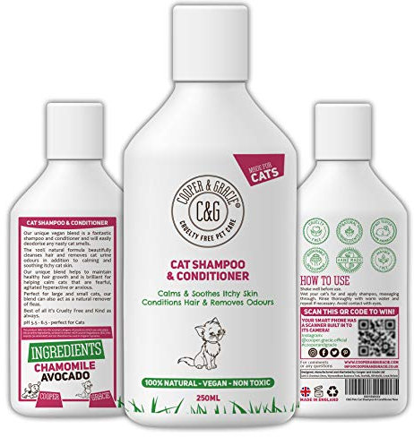 C&G Pets Katzen-Shampoo & Conditioner, 250 ml, ideal für alle Katzen, pflegt das Haar und entfernt Gerüche, ein natürlicher Entferner von Flöhen und Zecken