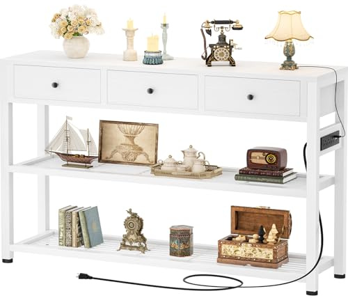 Ecoprsio 47'' Entryway Table with Outlets and USB Ports, Console Table with 3 Drawers, Sofa Table Narrow Long with Storage Shelves for Living Room, Couch, Hallway, Foyer, Kitchen Counter, White