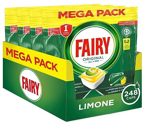 Fairy Spülmaschinentabs, Klarspüler, 248 Kapseln, Original Zitrone, Reinigung beim ersten Waschen, wirksam auf verkrustetem Fett mit glänzender Wirkung