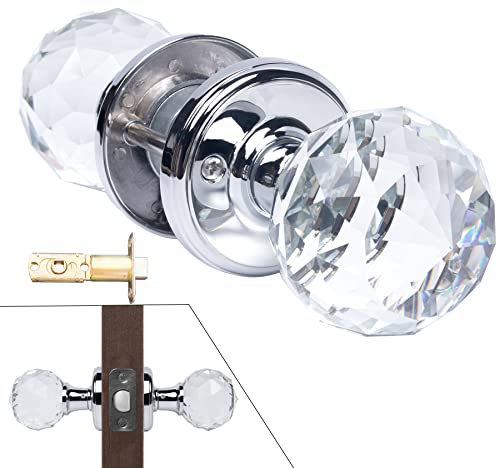 CWOVRS Crystal Door Handle (1 Pair), Solid Crystal Door Knob 60mm Court Style Crystal Internal Door Handles with Adjustable Tubular Latch (No Lock) & DIY Screw for Bedroom Bathroom