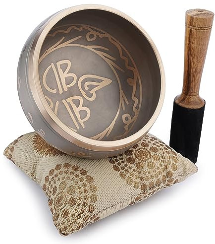 Ajuny Tibetisches Klangschalen Set – Handgefertigte Augen von Buddha Schnitzende Meditations Messing Schalen Beige, 4 zoll mit Stab und Kissen für Yoga, Klang Chakra Heilung und Stressabbau Schale