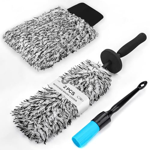 Toripor Profi Mikrofaser Felgenbürste extra dünn - mit Auto Detailing Brush Waschhandschuh, Lang Felgen Felgenreiniger Bürste für schonende Reinigung bis tief ins Felgenbett Alufelgen Wäschen Pflege