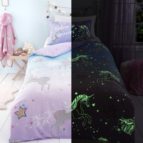 Bedlam Einhorn-Bettwäsche-Sets in Rosa und Flieder – Einzelbettgröße (200 x 140 cm) – leuchtet im Dunkeln – wendbares Design – Magische Sterne und Einhörner Bettwäsche für Mädchen –