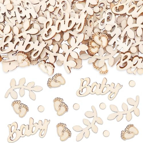 VIKY® 100 Stück Babyparty Deko Tischdeko Holz,Streudeko Konfetti,Baby Fußabdrücke Salbei Confetti,Baby Shower Deko Junge Mädchen,Streudeko Holz für Gender Reveal Party,Babyshower,Geburtstag Party Deko