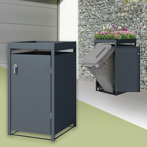 ML-Design Abri pour 1 Poubelle 240L, 68x80x124cm, en Acier, Anthracite, avec Porte à Poignées et 2 Clés, avec Jardinière, Conteneur Extérieur, Moderne, Résistant aux Intempéries, Habillage de Poubelle