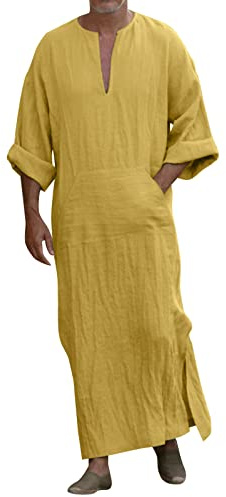 Caftano da uomo con spacco laterale a maniche corte, veste in cotone, caftano musulmano, abbigliamento etnico islamico da uomo, moda casual chic, caftano in cotone e lino, t-shirt a maniche lunghe con